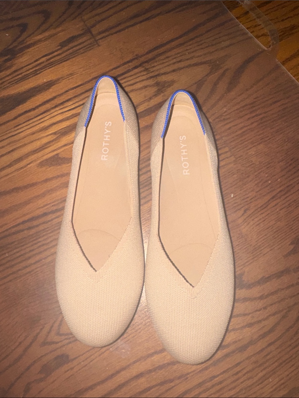 Rothy's Beige Knit Flats with Blue Trim